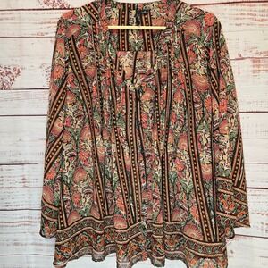 New Directions Curvy‎ Womens 3X Boho Floral Print Tunic Top Blouse Long Sleeve